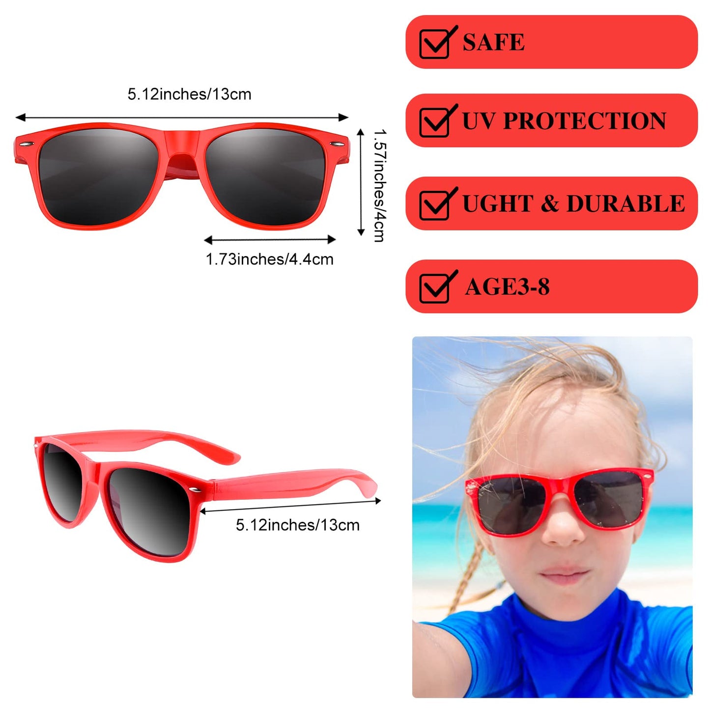 Miahart 12 Pack Kids Party Sunglasses Bulk Summer Party Favors Retro Glasses For Boys And Girls Birthday Party Supplies, Red