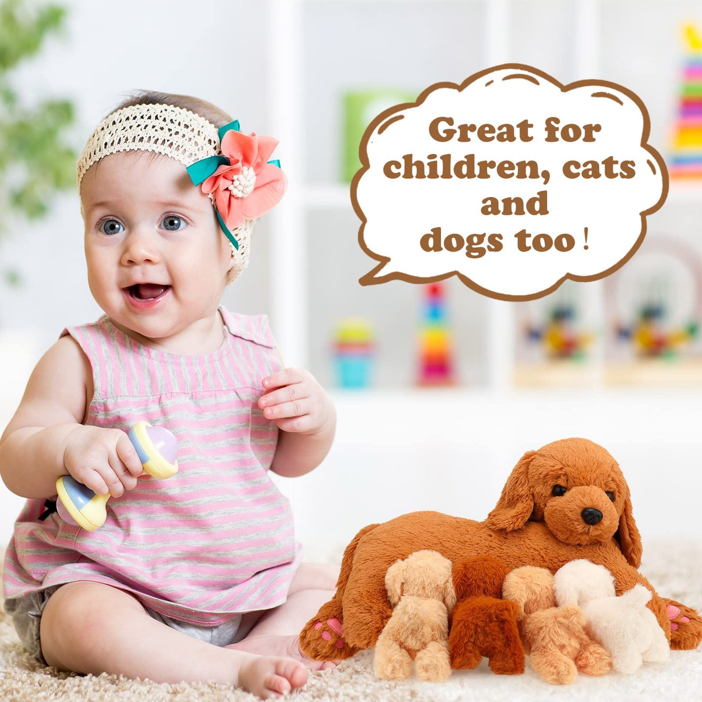 Hydren Nurturing Dog Stuffed Animal Sets Soft Cuddly Golden Retriever Plush Toys Nursing Mommy Dog With 4 Stuffed Baby Puppies F