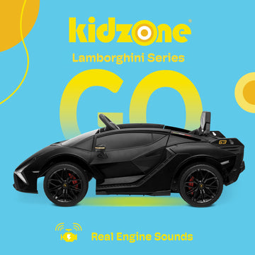 Kidzone Kids Electric Ride On 12V Licensed Lamborghini Sian Roadster Battery Powered Sports Car Toy With 2 Speeds, Parent Control, Sound System, Led Headlights & Hydraulic Doors - Black