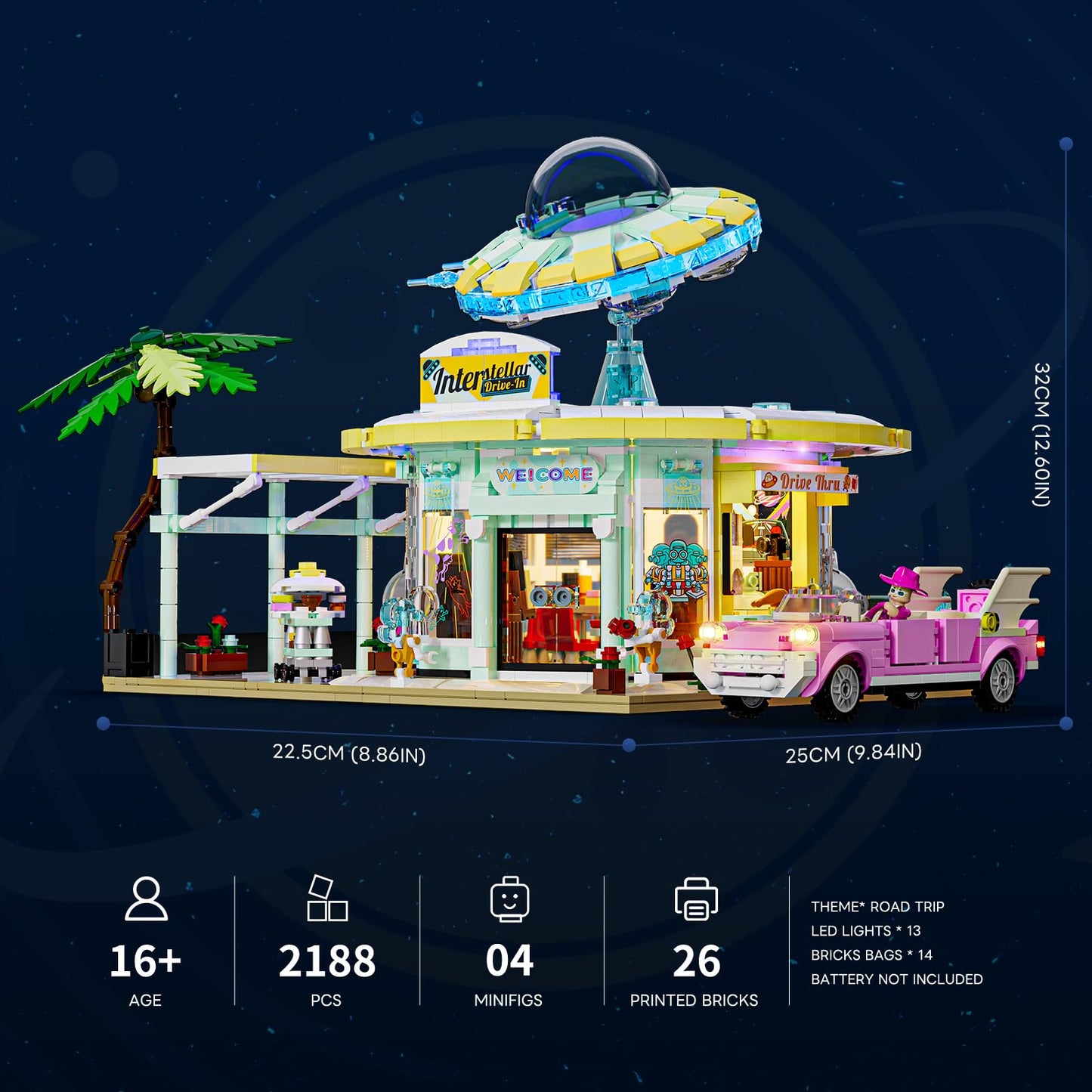 Lumibricks Interstellar-Diner Lighting-Building-Bricks City Set - 2188 Pcs Road UFO Drive-in Restaurant Modular Collection LED Light Space Car Restaurant Set for mature-themeds and Travelling Enthusiasts