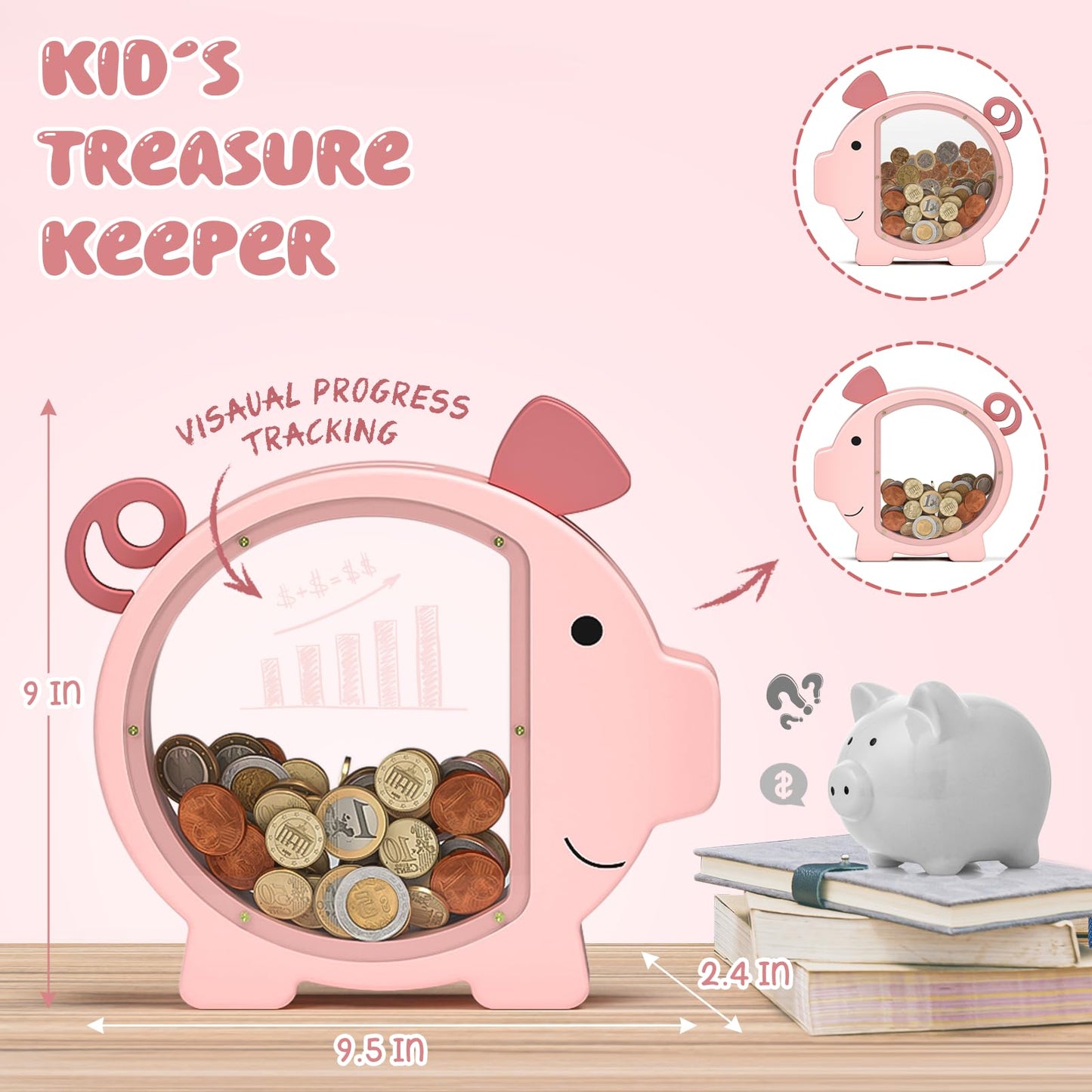 Summidate Pink Piggy Bank Girls, Unbreakable Wooden Piggy Bank For Kids, Cute Personalized Wood Money Bank With Diy Sticker, Creative Saving Money Box Birthday For Child
