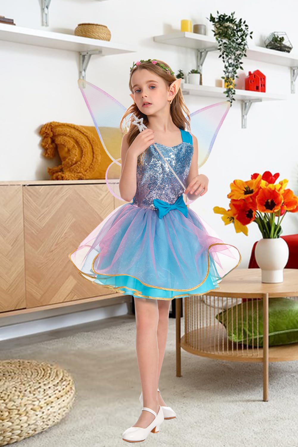 JoyRapt Fairy Costume Dress for Girls 3-10, Fairy Princess Pink Tutu Outfits Butterfly Wings Wand Headband Halloween Gifts(Small