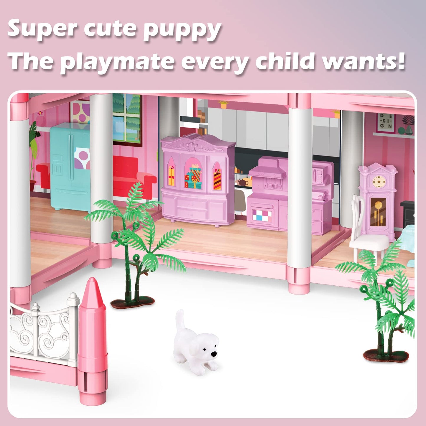 deAO Doll House Dollhouse - 3 Story 9 Rooms Pink DIY Pretend Play Building Playset, Dollhouse Asseccories and Furniture,Gift for
