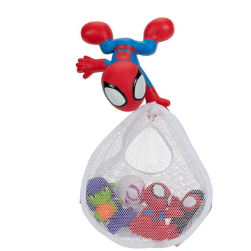 Marvel Spidey And His Amazing Friends Bath Toy Set - Spidey Wall Mount With Web Net And Four Bath Squirters