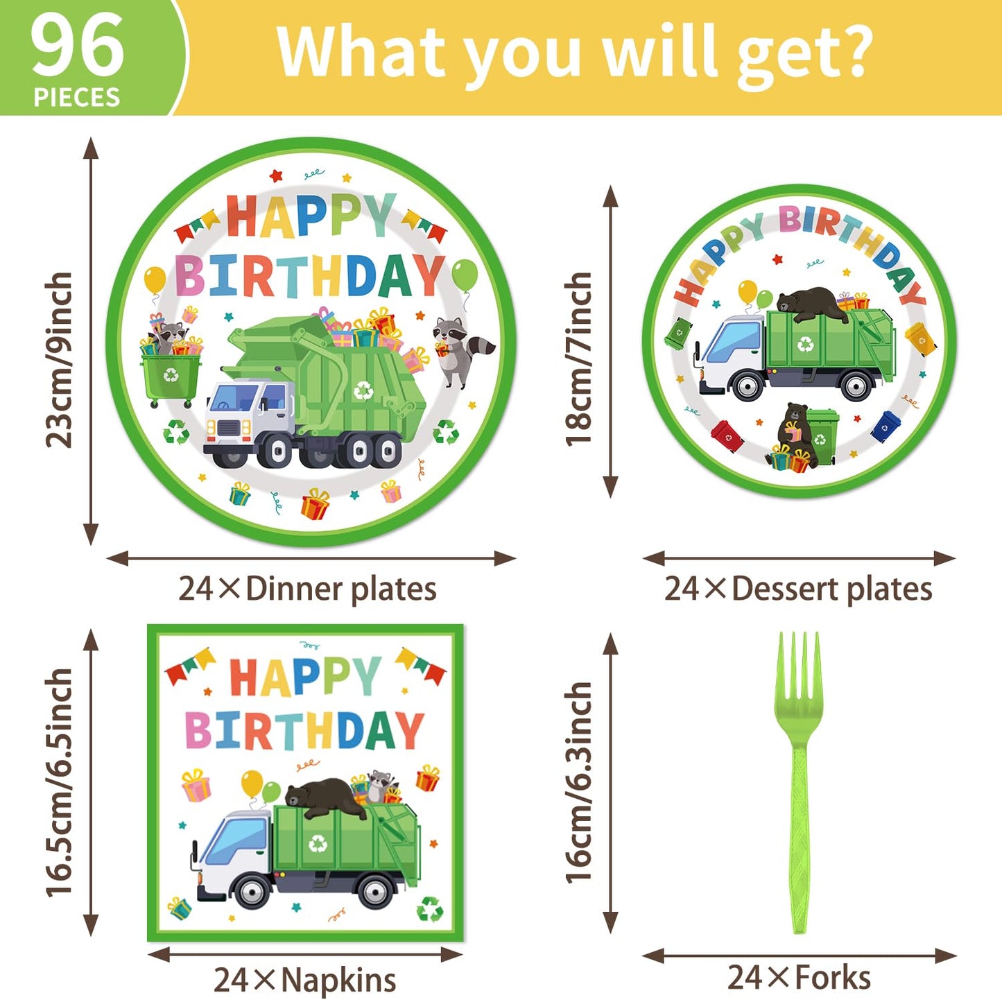 EUOYUFO 96PCS Garbage Trash Truck Plates and Napkins Party Supplies Trash Truck Birthday Party Decorations Waste Management Recy