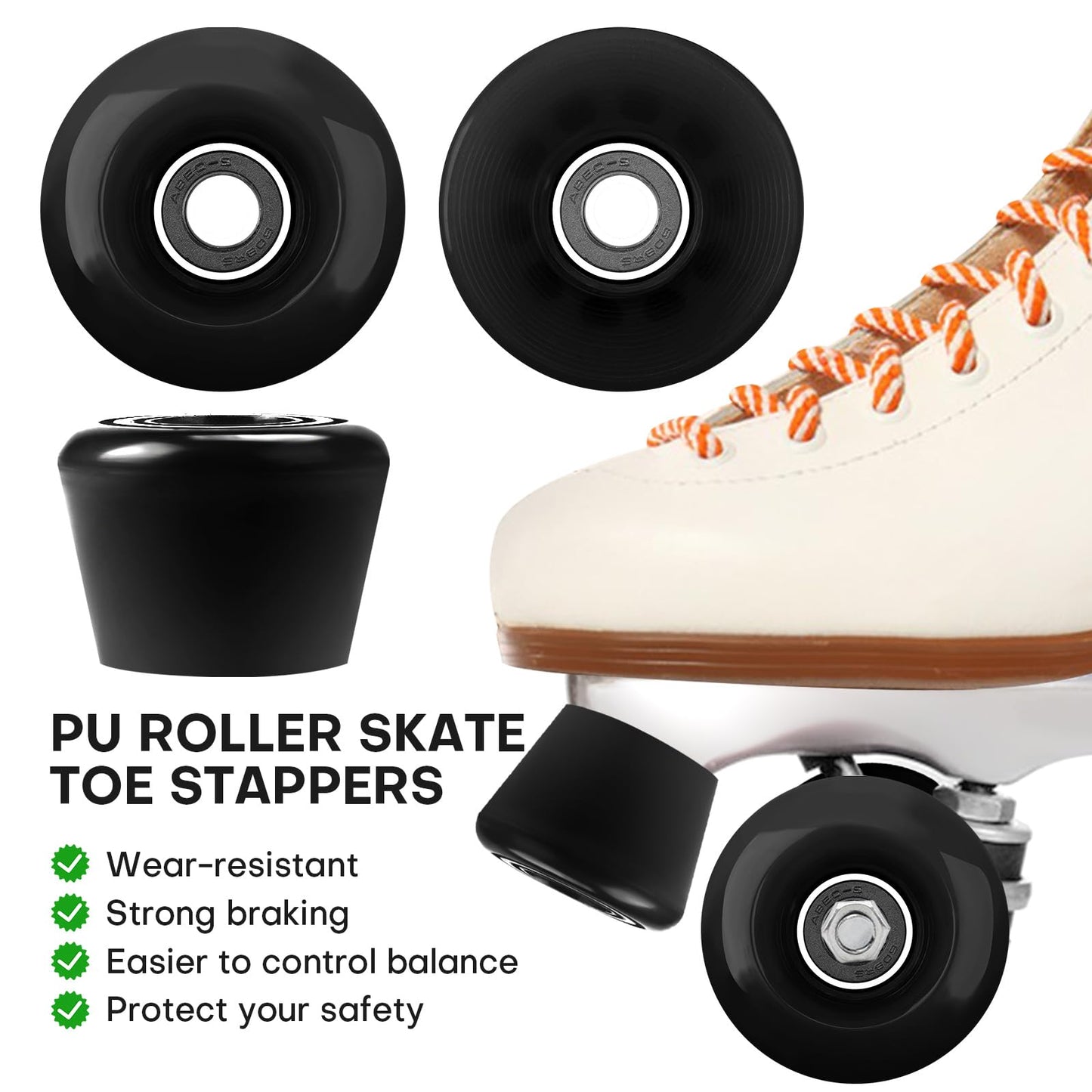 Nezylaf 8 Pack 32 x 58  82A Quad Roller Skate Wheels with Bearing Installed and 2 Toe Stoppers for Double Row Skating Replacment Accessories Suitable for Outdoor or Indoor