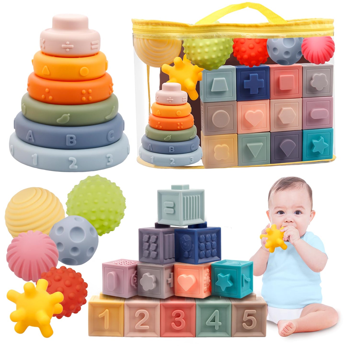 Montessori Toys For Babies 6-12 Months, Soft Baby Blocks Toys Set, 3 In 1 Infant Stacking Building Blocks, Teething Toys Sensory