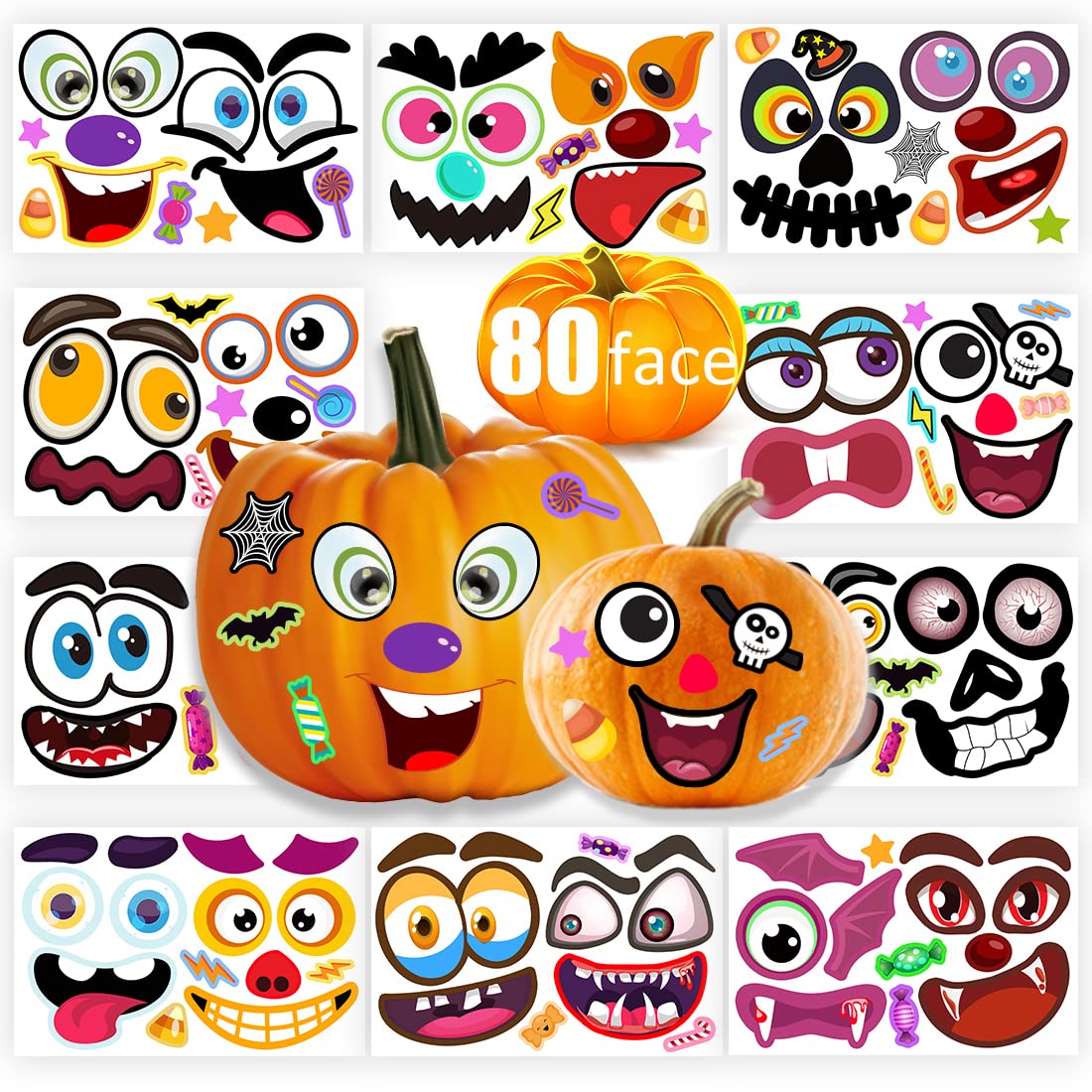80 Packs Halloween Pumpkin Decorating Kit, Make Pumpkin Face Stickers In 20 Designs, Halloween Stickers For Kids Halloween Party