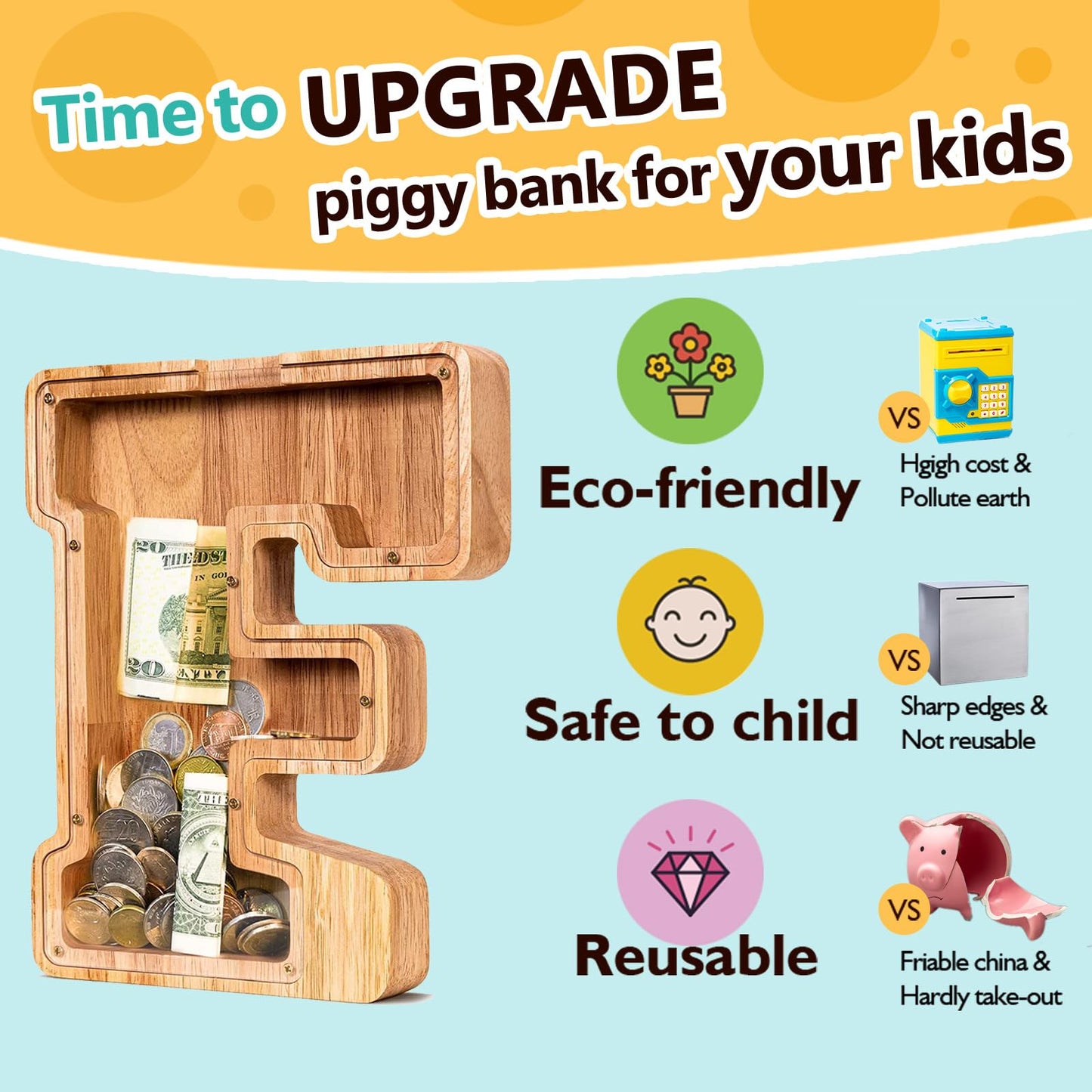 SummiDate Wooden Letter Piggy Bank| Piggy Bank for Boys Girls Toddler| Alphabet F Money Bank| Coin Bank Birthday Gift for Kids|Birthday Gift for Kids (F)