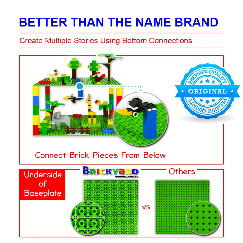 Brickyard Building Blocks Lego Compatible Baseplate - Pack Of 4 Large 10 X 10 Inch Base Plates For Toy Bricks, Stem Activities &