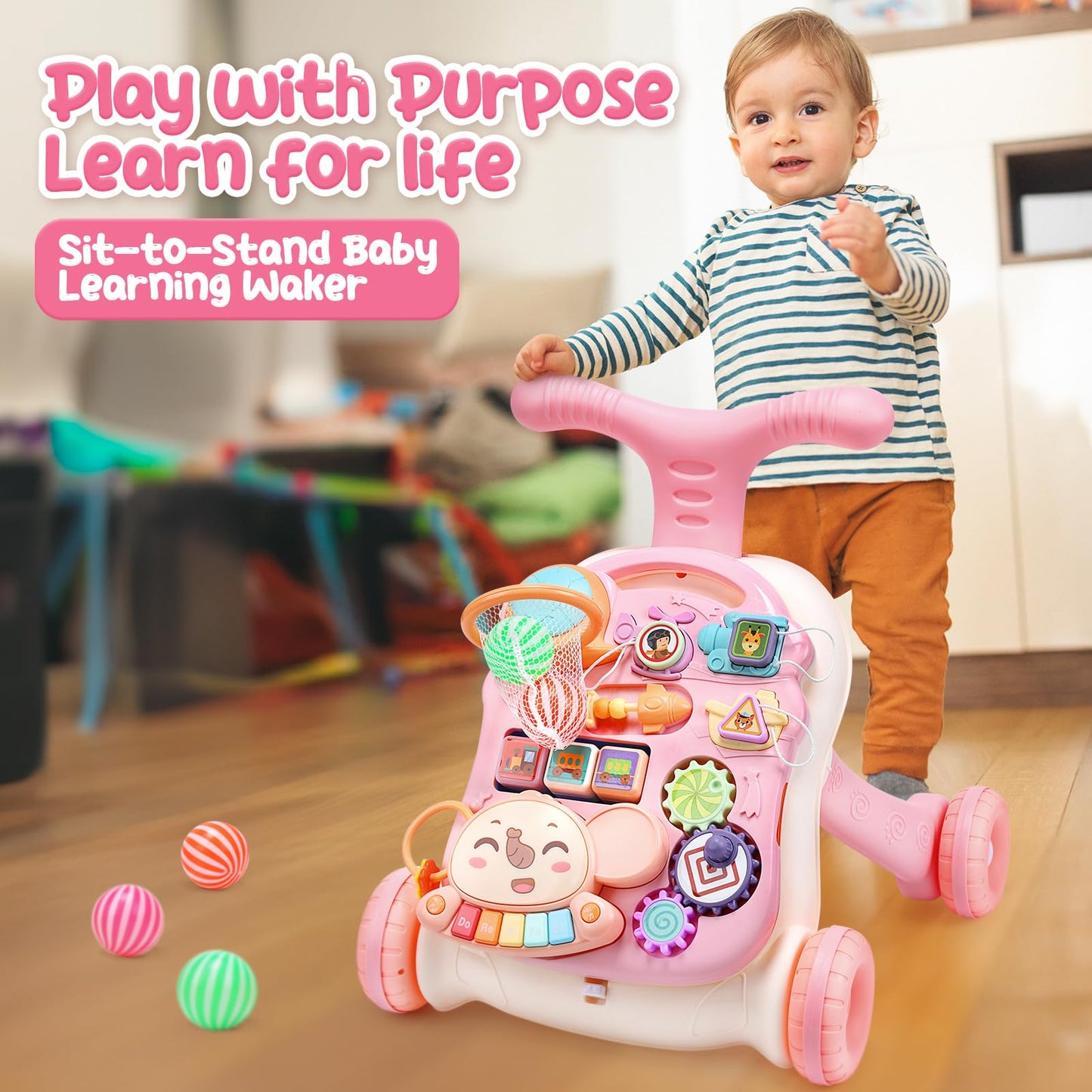 Cute Stone Baby Walker For Girls, 2 In 1 Sit To Stand Learning Walker And Activity Center, Learning To Walk, Early Push Walking Toys For Toddler Infant