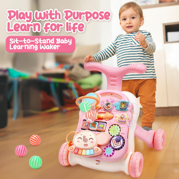 Cute Stone Baby Walker For Girls, 2 In 1 Sit To Stand Learning Walker And Activity Center, Learning To Walk, Early Push Walking Toys For Toddler Infant