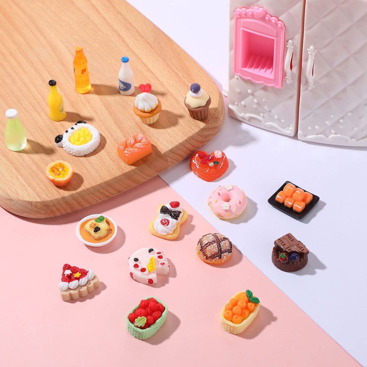 27 Pieces Dollhouse Refrigerator Mini Fridge Toy With Mini Food Set Dollhouse Kitchen Furniture Food Toys Miniatures Kitchen Decorations Bottles Fruit Dessert For Children Kids Girls (Cute Style)