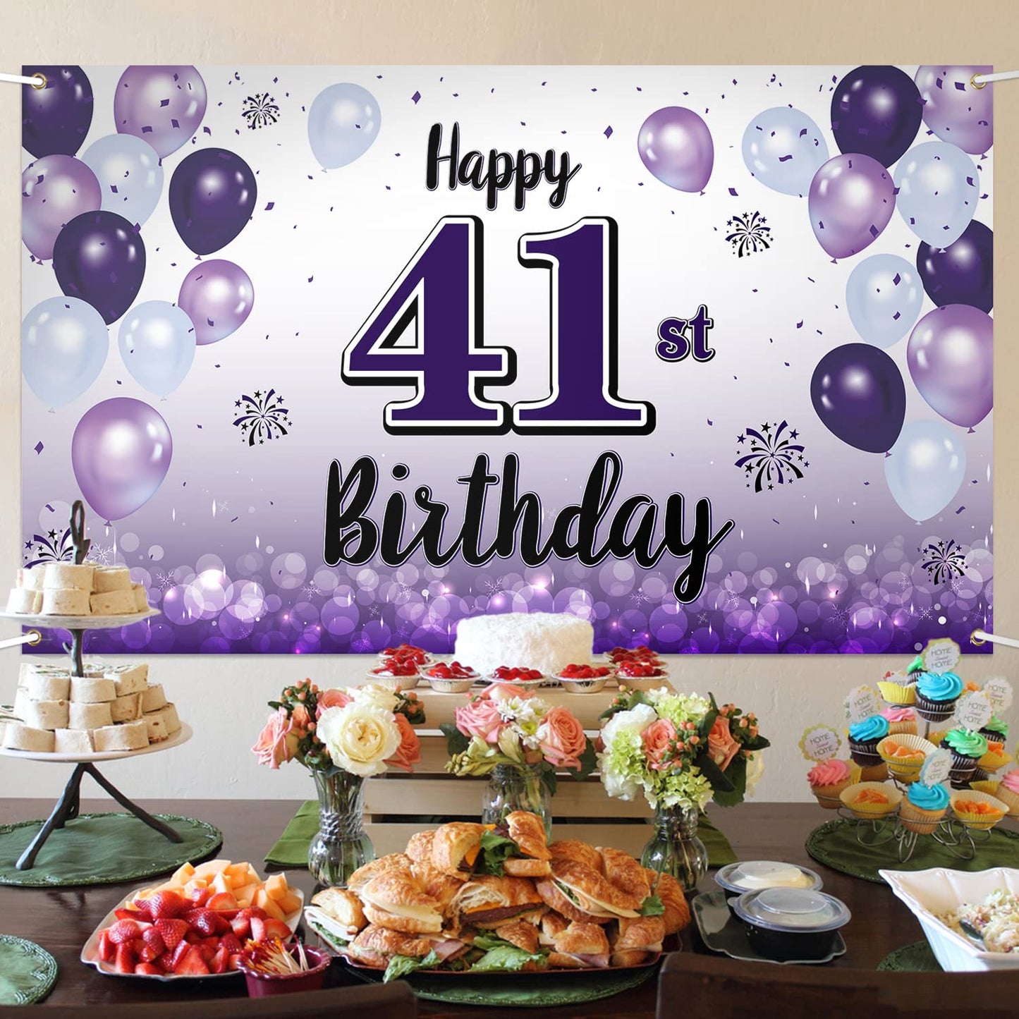LASKYER Happy 41st Birthday Decorations,41st Purple Balloon Large Birthday Banner Backdrop Sign,41 Years Old Bday Party Supplies