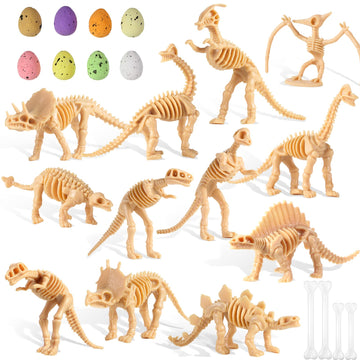 24 Pcs Dinosaur Fossil Skeleton Dino Bones Dino Sand Dig Colorful Foam Dinosaur Eggs And 4 White Plastic Bones Toys For Kids Science Play Dino Sand Dig Halloween Party Decor Supplies (Light)