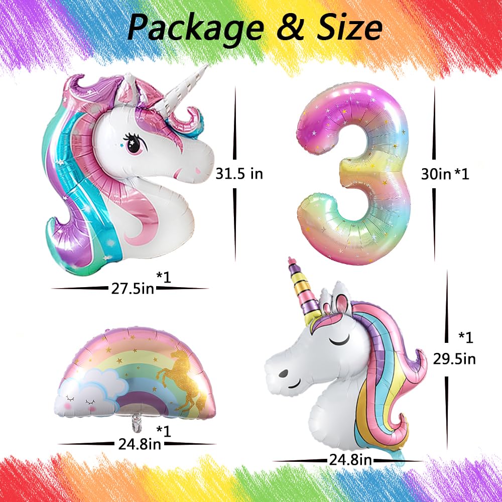 Unicorn 3Rd Birthday Party Decorations For Girl Purple Pink Unicorn Party Theme Balloon Set, Large Rainbow Unicorn Helium Balloo