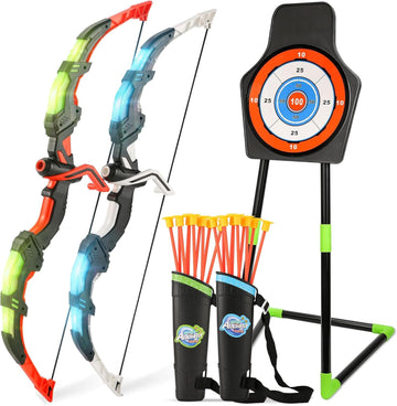 Bow And Arrow Set For Kids, 2-Pack Led Light Up Archery Set With 20 Suction Cup Arrows, Outdoor Toy For Boy Girl Age 4-8 8-12 Wi