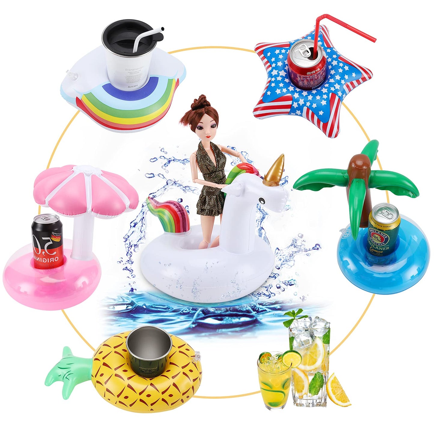 Inflatable Drink Floats & Coasters For 9 Pack Girl Dolls, Summer Pool Party Ring Holders For 11.42 Inch Tall Dolls