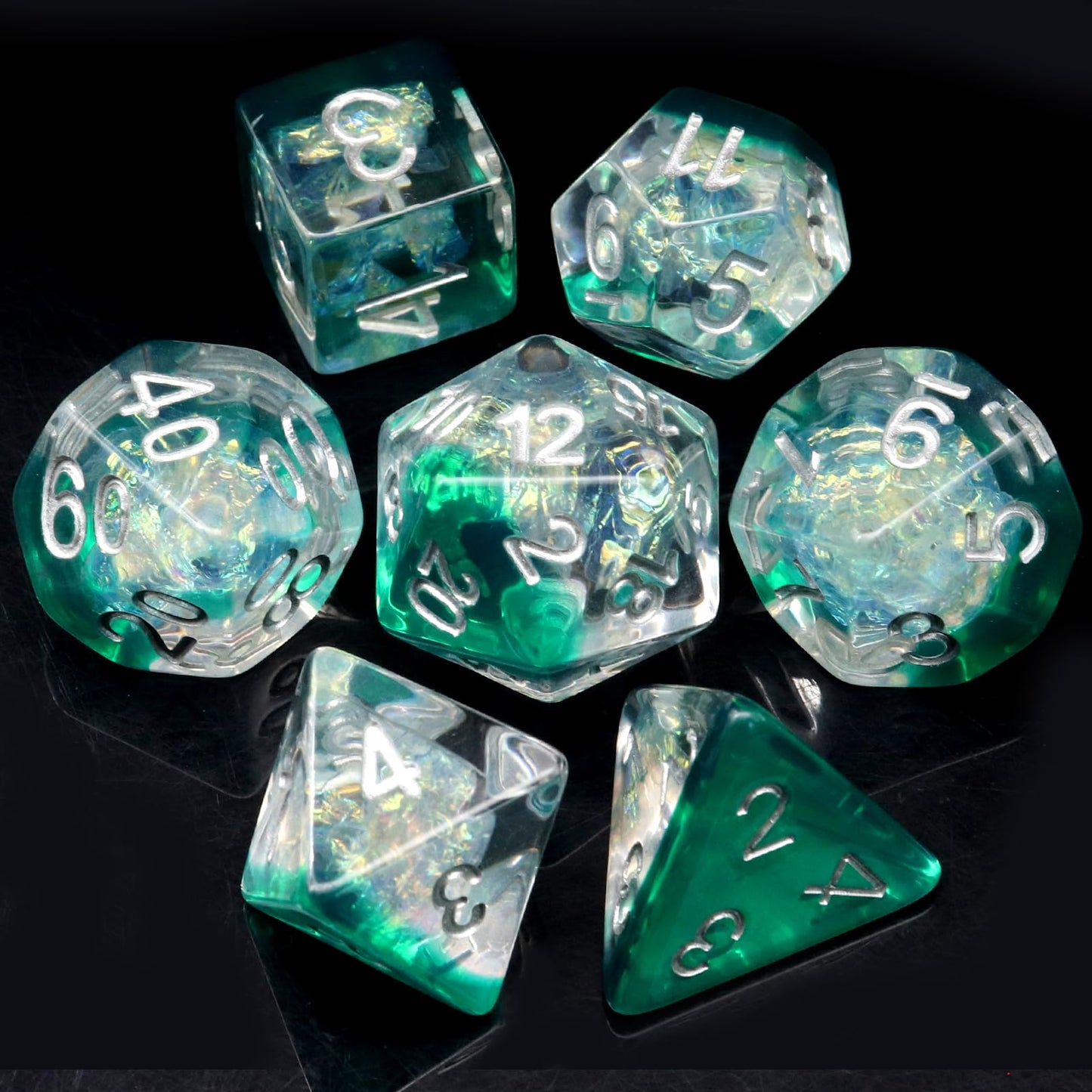 Haxtec Resin DND Dice Set 7PCS Green Clear Mylar Galaxy Polyhedral D&D Dice for Roleplaying Dice Games as Dungeons and Dragons