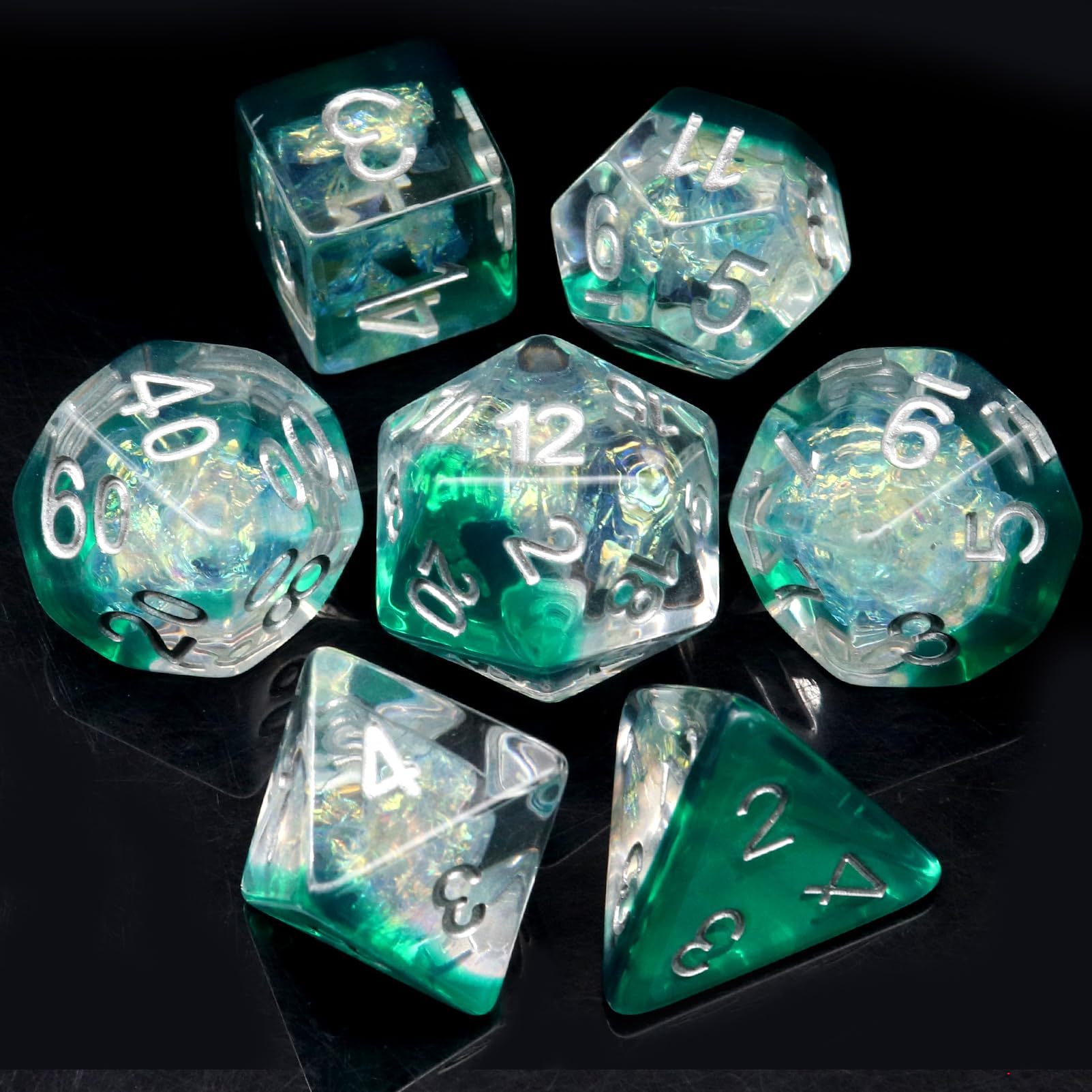 Haxtec Resin DND Dice Set 7PCS Green Clear Mylar Galaxy Polyhedral D&D Dice for Roleplaying Dice Games as Dungeons and Dragons