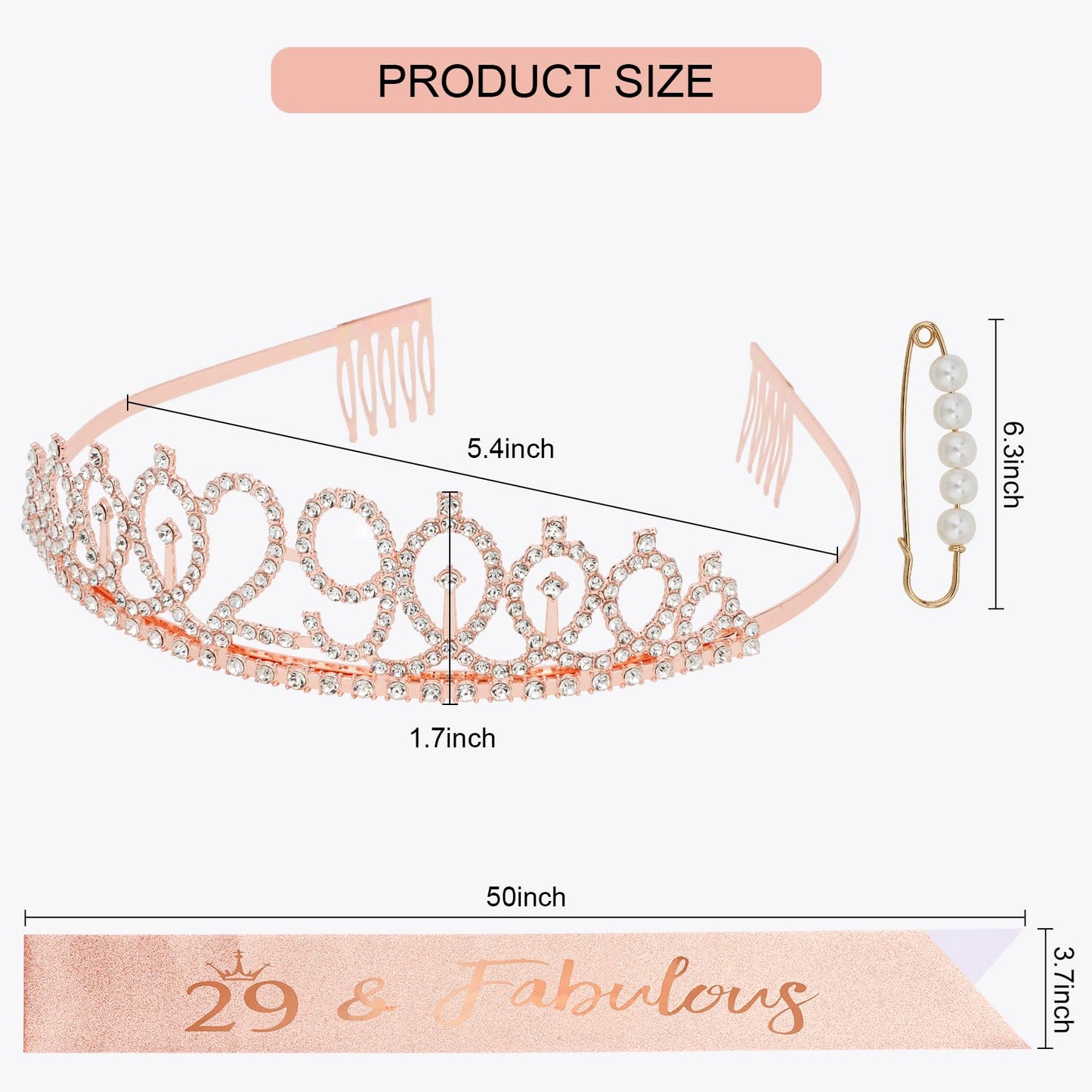 CIEHER 29th Birthday Crown, Sash and Pearl Pin Set, Rose Gold, Women Friends Birthday Gifts
