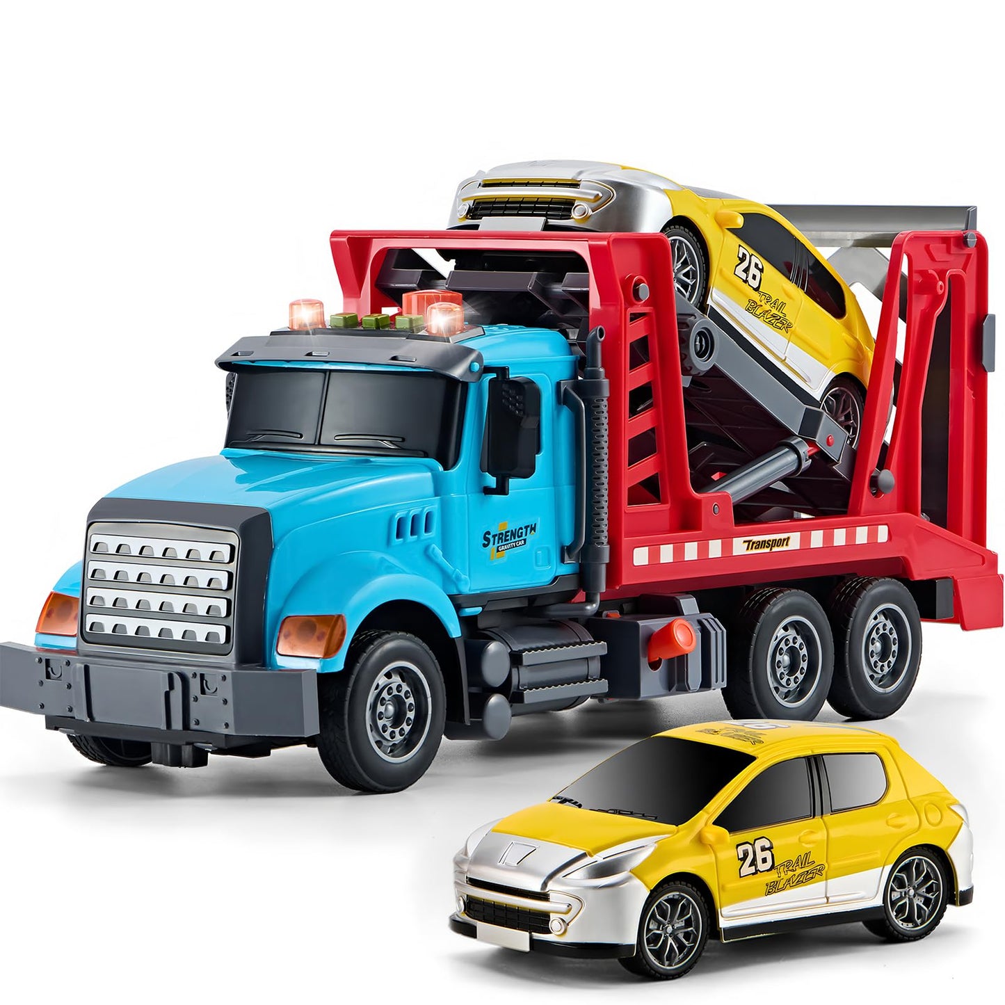 LerBao Large Transport Cars Carrier with Racing Car,Truck Toys for 3 4 5 6 7 8 Year Old Boys,Lights and Sounds Truck Vehicles To