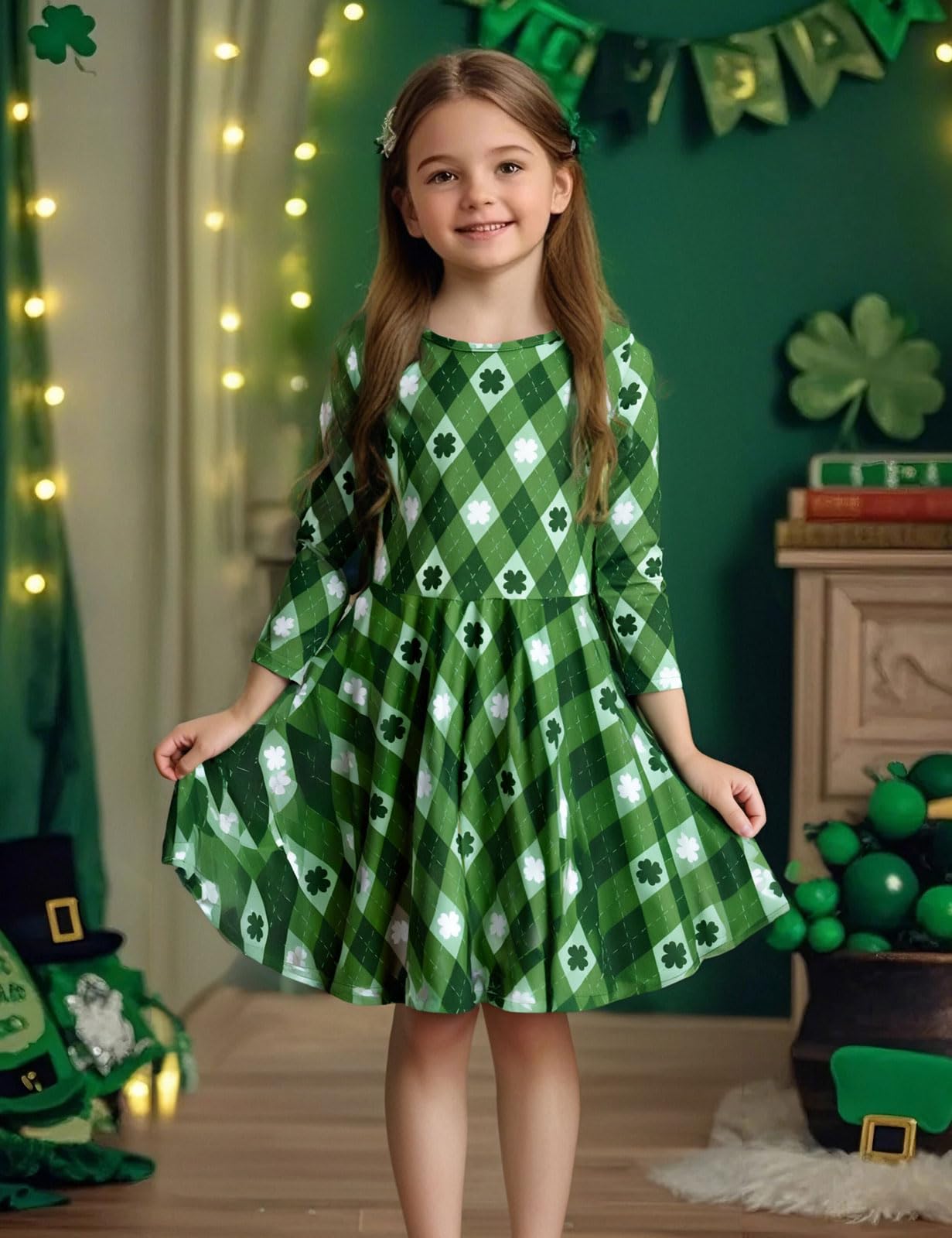 Cosland Girls St Patricks Day Dresses Kids Rhombus Outfits, Green, Small