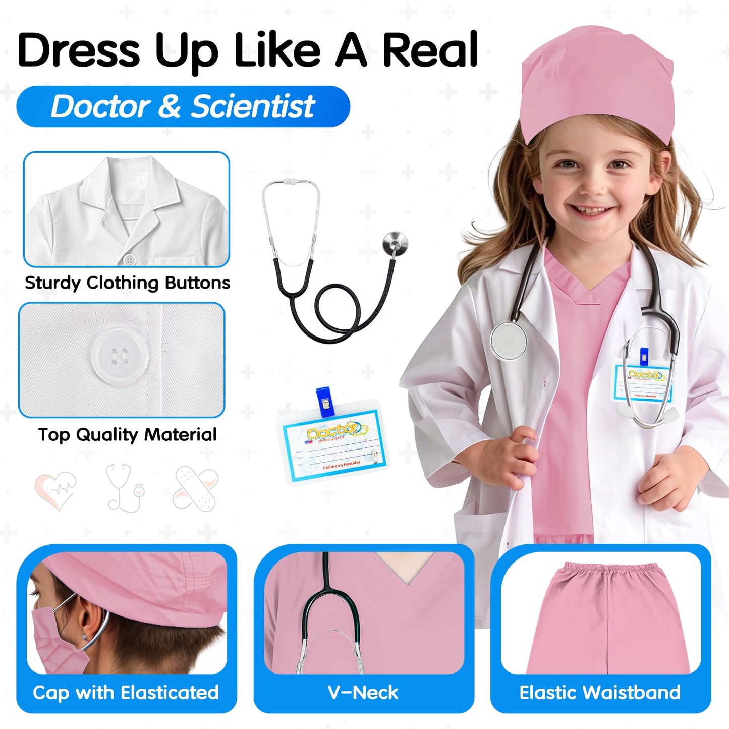 COTATERO Doctor Scrubs Costume for Kids With Stethoscope Lab Coat Career Day Costume Halloween Dress Up For Boys Girls 3-12(Light Pink  M-120/4-5T)