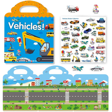 Reusable Sticker Books For Kids, Travel Removable Toddler Vehicle Sticker Books For 3 4 5 Year Old Girls Boys Birthday Gifts Educational Learning Toys For Age 3-5