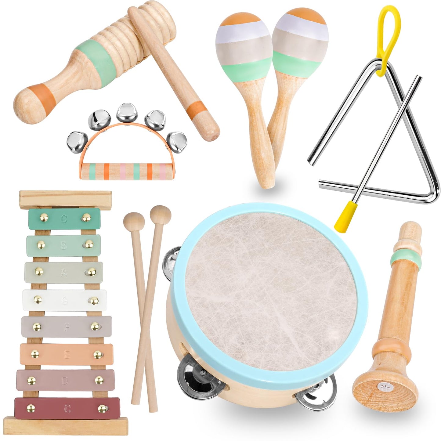 Raimy Musical Instruments Set - Neutral Colors Wooden Montessori Toys Percussion Music Modern Boho Xylophone Birthday Gifts For 1 2 3 Year Old Kids Baby Toddlers Boys Girls 3+ With Storage Bag