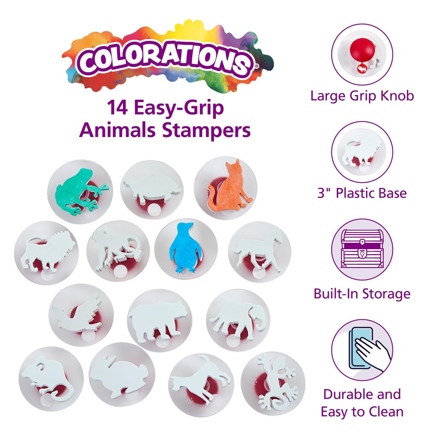 Colorations Easy Knob Grip Stamper Animal Stamps, Jungle, Domestic, Tropical, 14 Stamps, , 2 inches x 3 inches, Storytelling, Ca