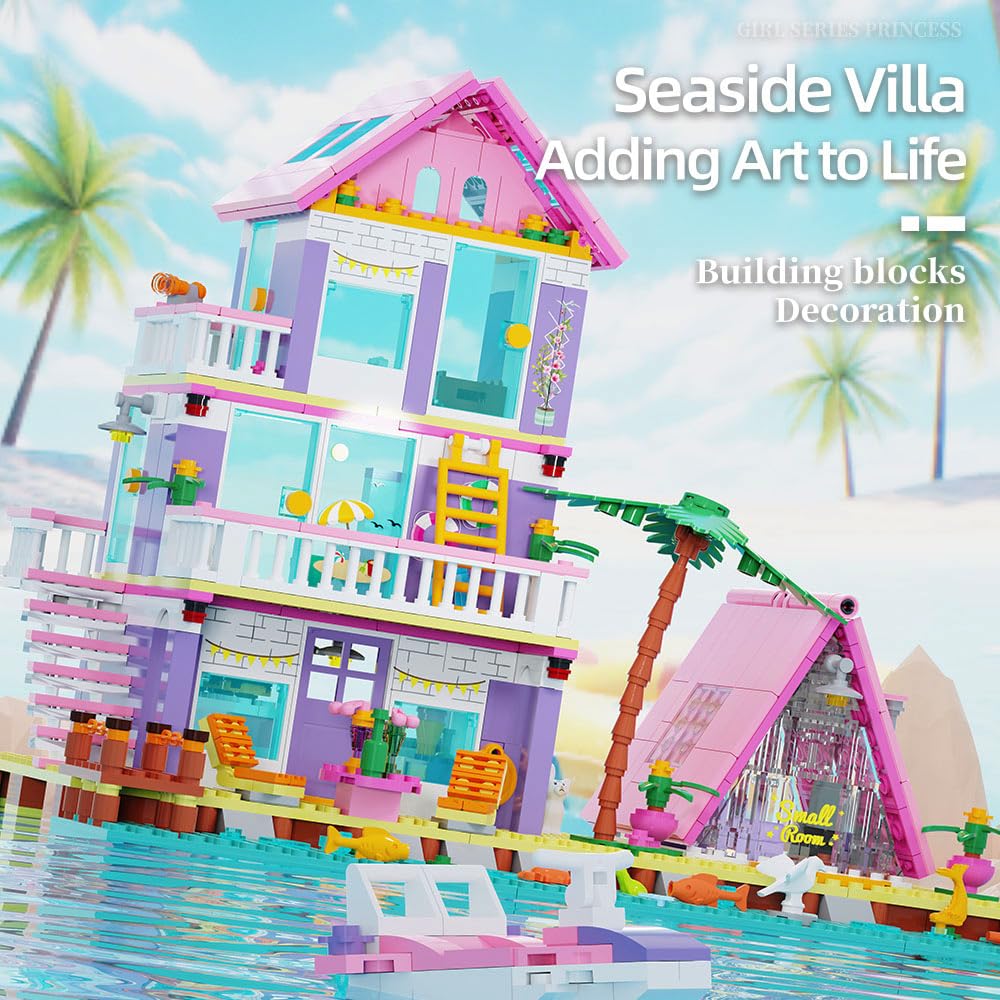 Girl Beach House Building Blocks Toys For Girls Age 8+, Seaside Villa Friends Building Set With Light, 791Pcs Mini Bricks