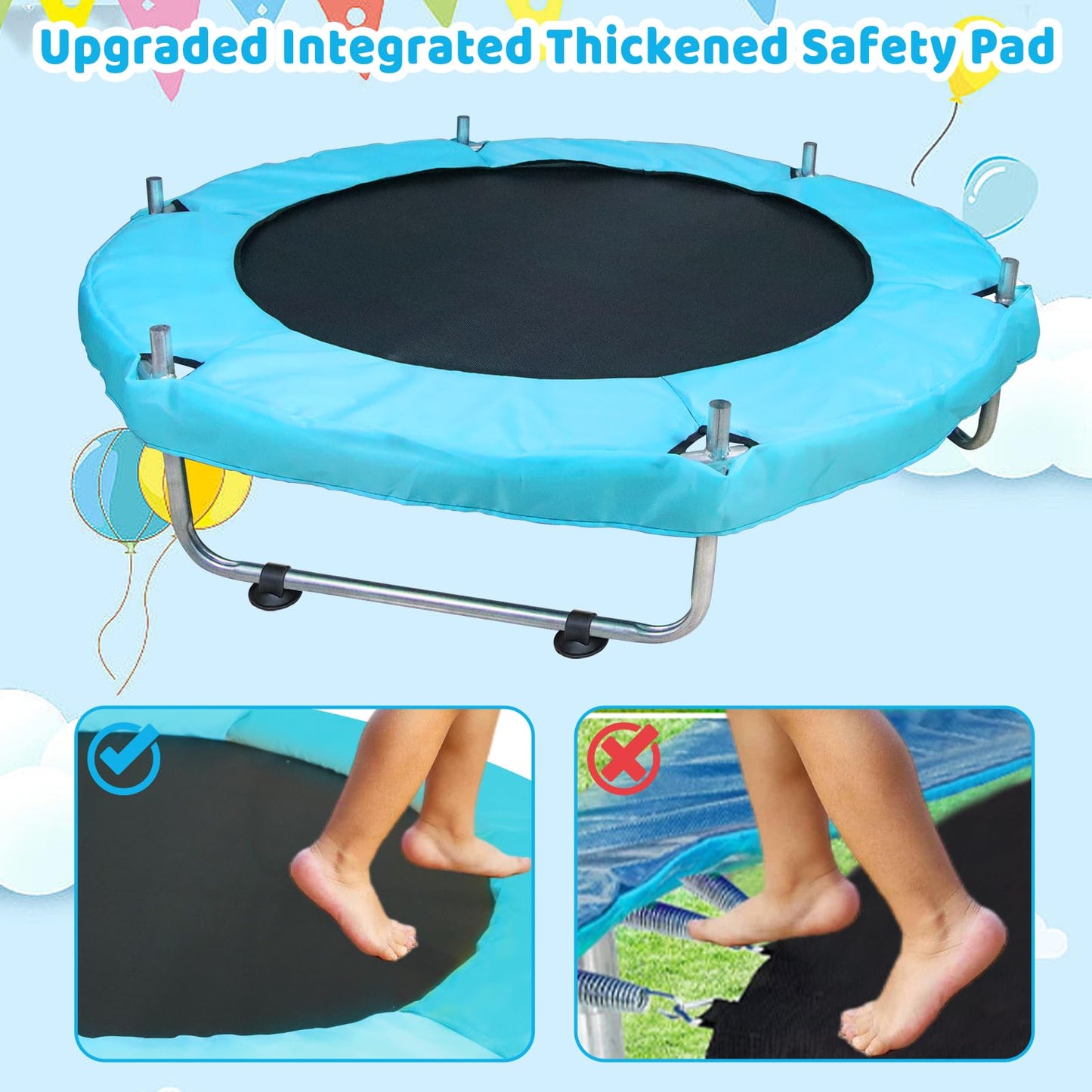 SZBOB Toddler Trampoline - 55'' Indoor/Outdoor Mini Trampoline with Safety Net, Red-Green-Blue, No-Gap Design for Ages 1-8