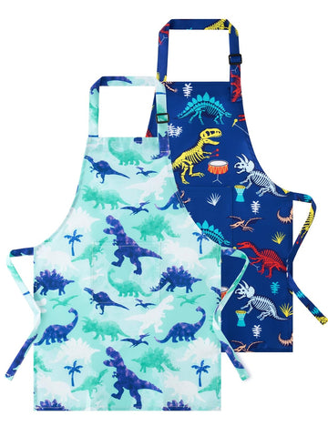 Wernnsai 2 Pack Kids Aprons - Dinosaur Kids Art Aprons For Boys Waterproof Toddler Chef Aprons Cooking Baking Painting Gardening Apron For Kids With Pocket Kitchen Classroom Art Smocks Age 6-10 Years