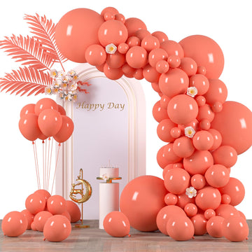 Voircoloria 130Pcs Coral Red Balloons Different Sizes 18'' 12'' 10'' 5'' Pastel Red Latex Balloon Garland Arch Kit For Birthday