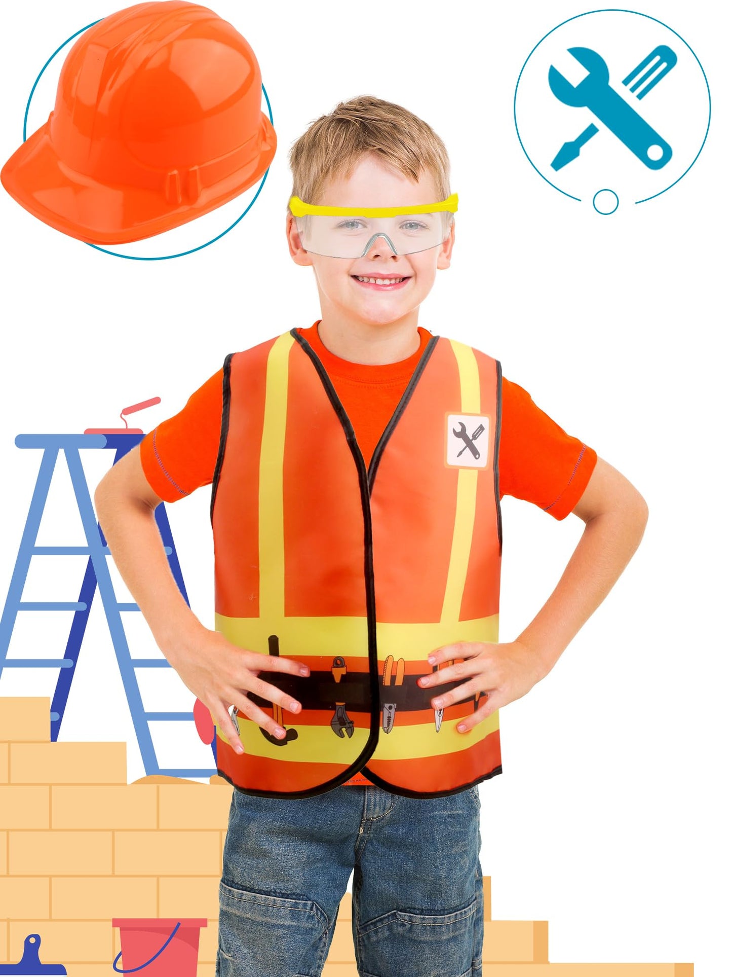 Puteraya 18 Pcs Kids Construction Worker Costume Include 6 Pcs Construction Vests 6 Pcs Construction Hats 6 Pcs Goggles for Care