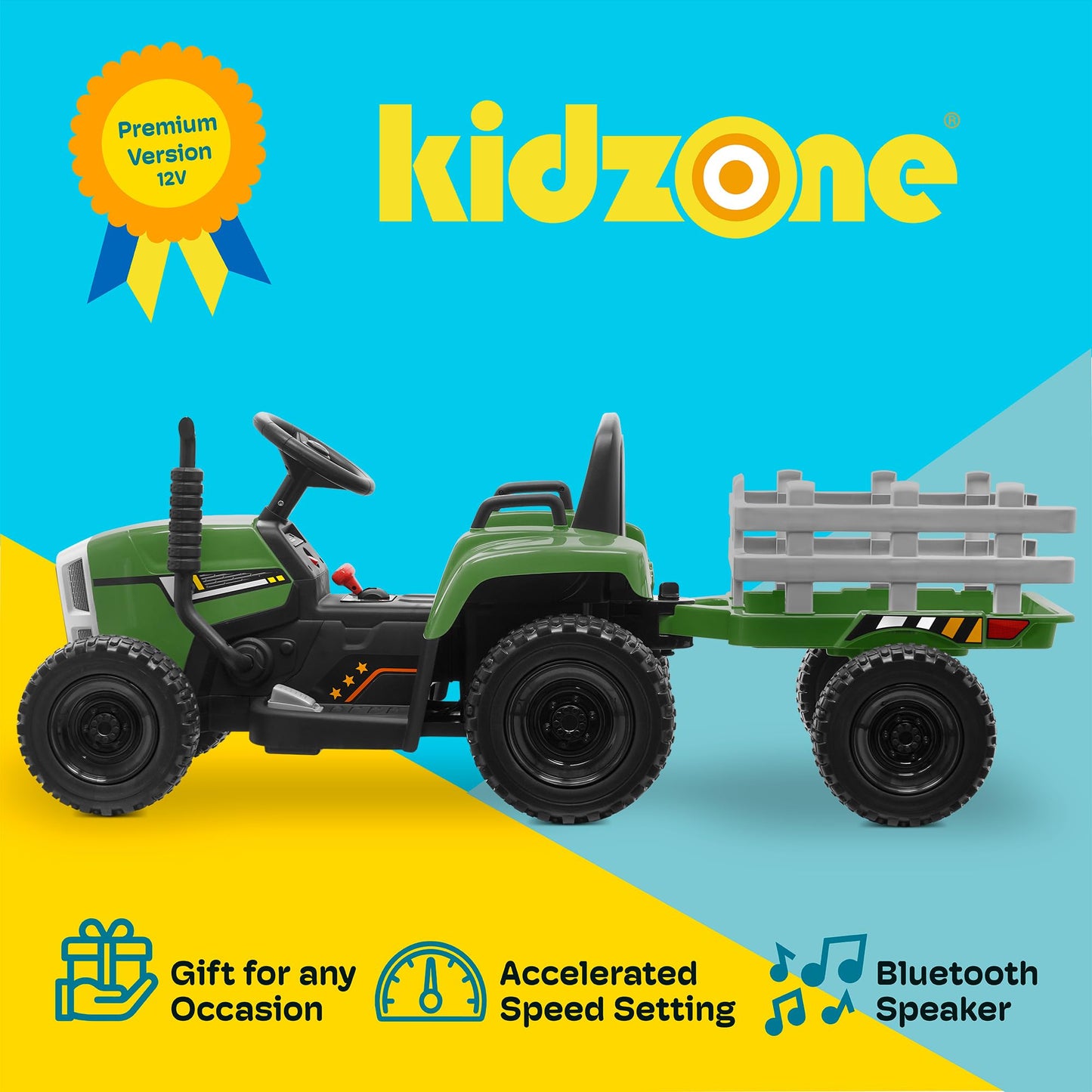 Kidzone 12V7AH enhanced Version w/EVA Treaded Tires Dual 35W Motors Boost Power Torque Remote Control Electric Tractor w/Trailer Toddler Ride On Toy 3-Gear-Shift  7-LED Lights Bluetooth  Dark Green