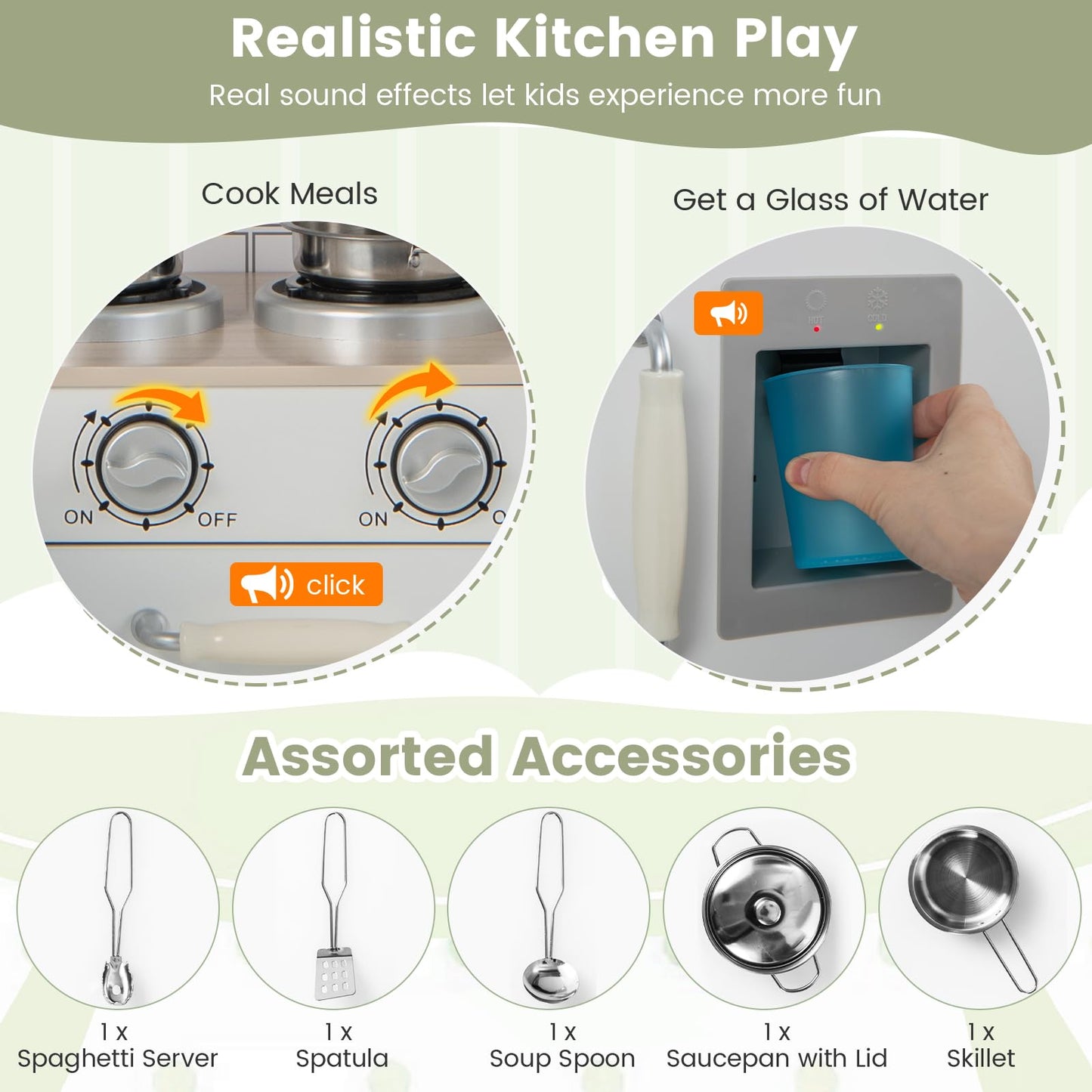 Costzon Kids Corner Kitchen Playset, 8-In-1 Wooden Play Kitchen Toy Set W/Realistic Microwave, Oven, Stove, Refrigerator, Water