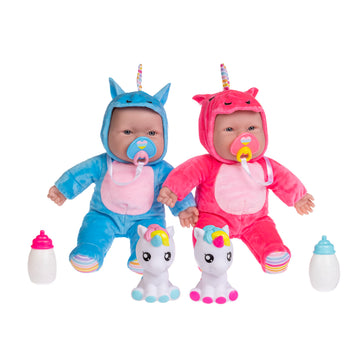 JC Toys Lots to Cuddle 12" Twin Baby Dolls Set - Soft Unicorn Theme, Pink & Blue, Washable, Includes Unicorns & Bottles, Model 35314