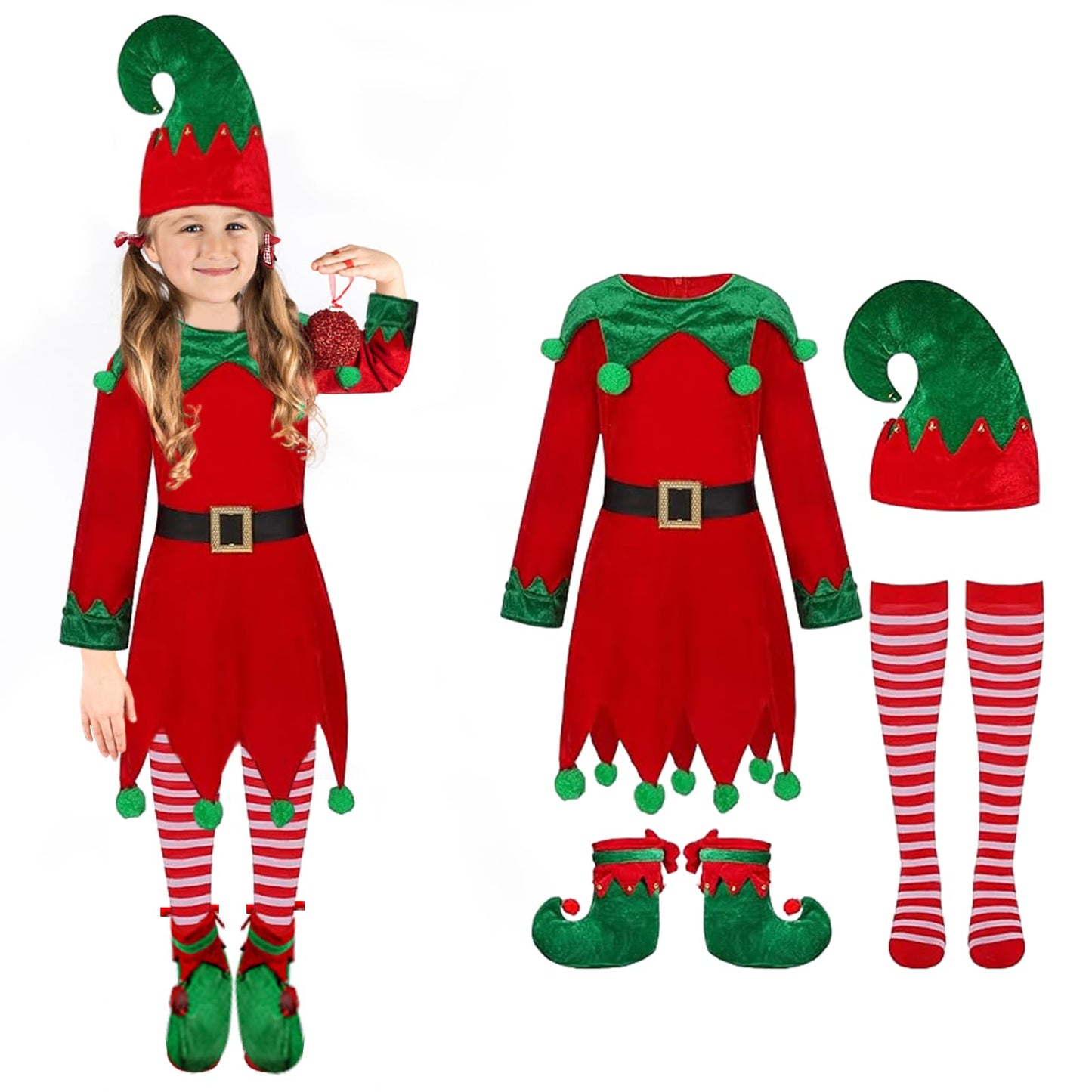 Reiwide Kids Girl Christmas Elf Costume: Velvet Dress Santa Helper Costume Xmas Festive Outfit - Hat Shoes Belt Striped Stocking