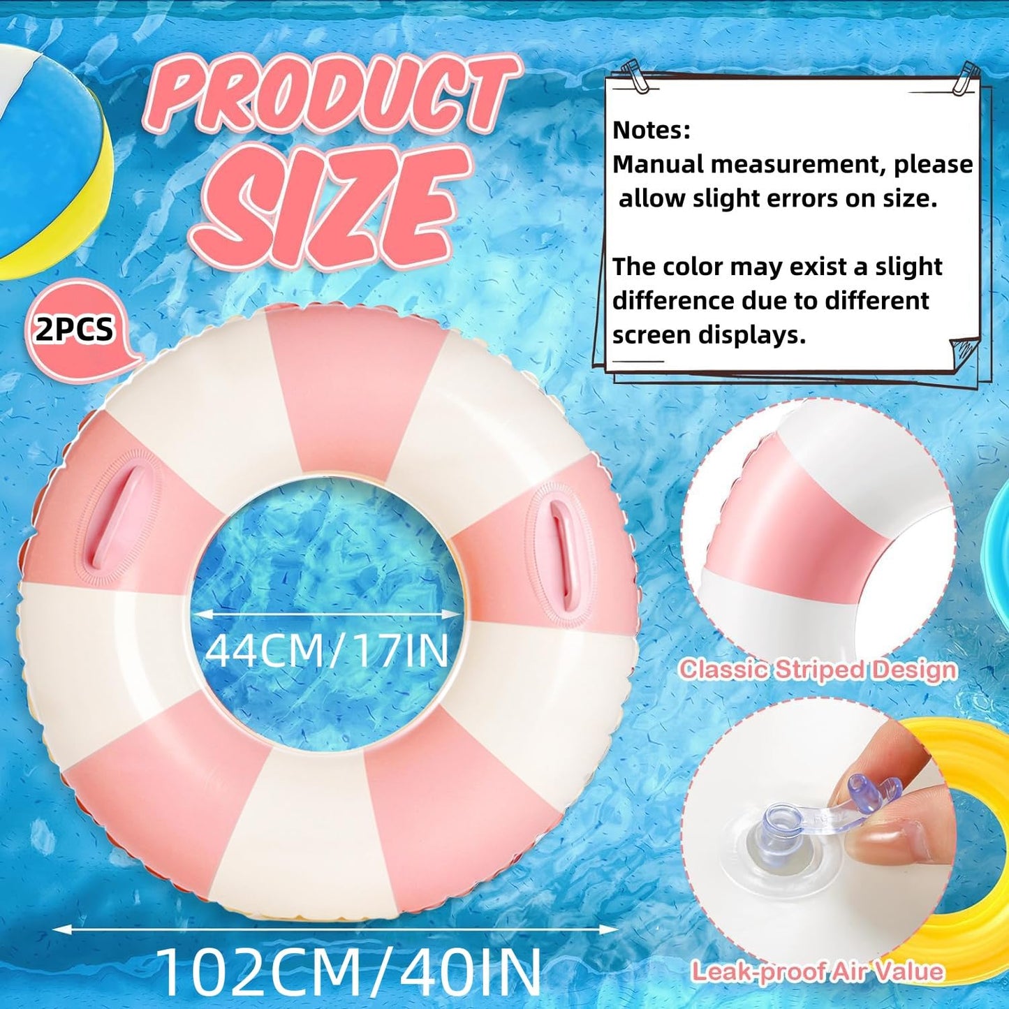 2PCS Pool Floats for mature-themed Striped Swim Ring Pool Floaties Inflatable Swimming Pool Raft Party Water Summer Beach Lounger Float Party Supplies (120#Multi Stripe 2)