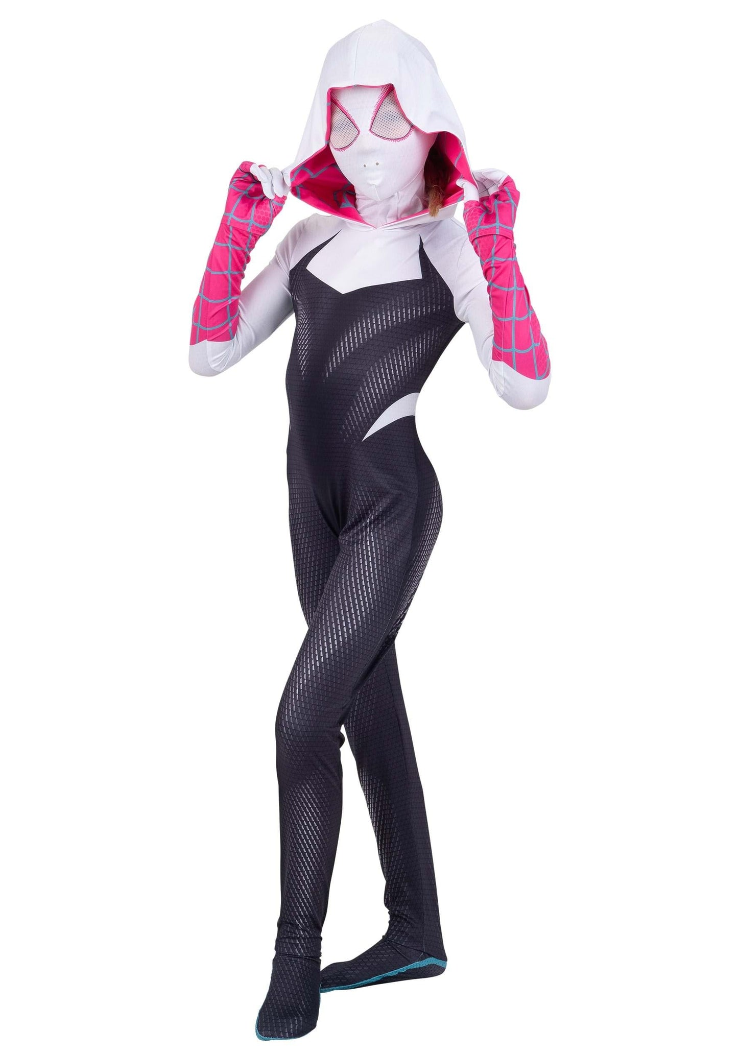 Marvel Spider-Gwen Official Youth Zentai Halloween Costume - Hooded Spandex Jumpsuit with Printed Design and Pull On Spandex Mask (Large) Multi