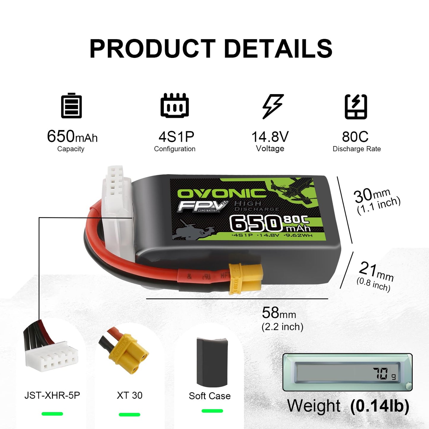 Ovonic 4S 650Mah Lipo Battery 14.8V 80C Battery With Xt30 Plug For Rc Car Truck Rc Vehicles Boat Drone Rc Airplane Quadcopter He