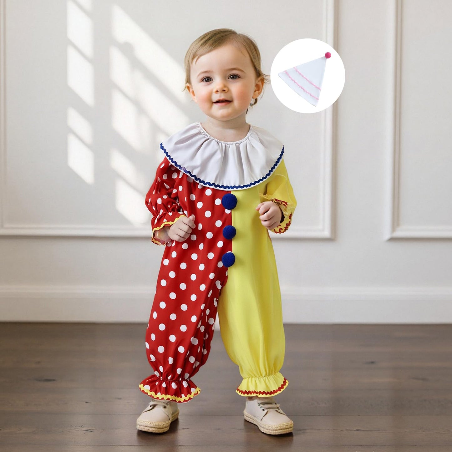 Thorn Tree Toddler Halloween Outfits Baby Boy Girl Clown Costume Contrast Color Long Sleeve Jumpsuit Hat Smocked Outfits (Red, 2