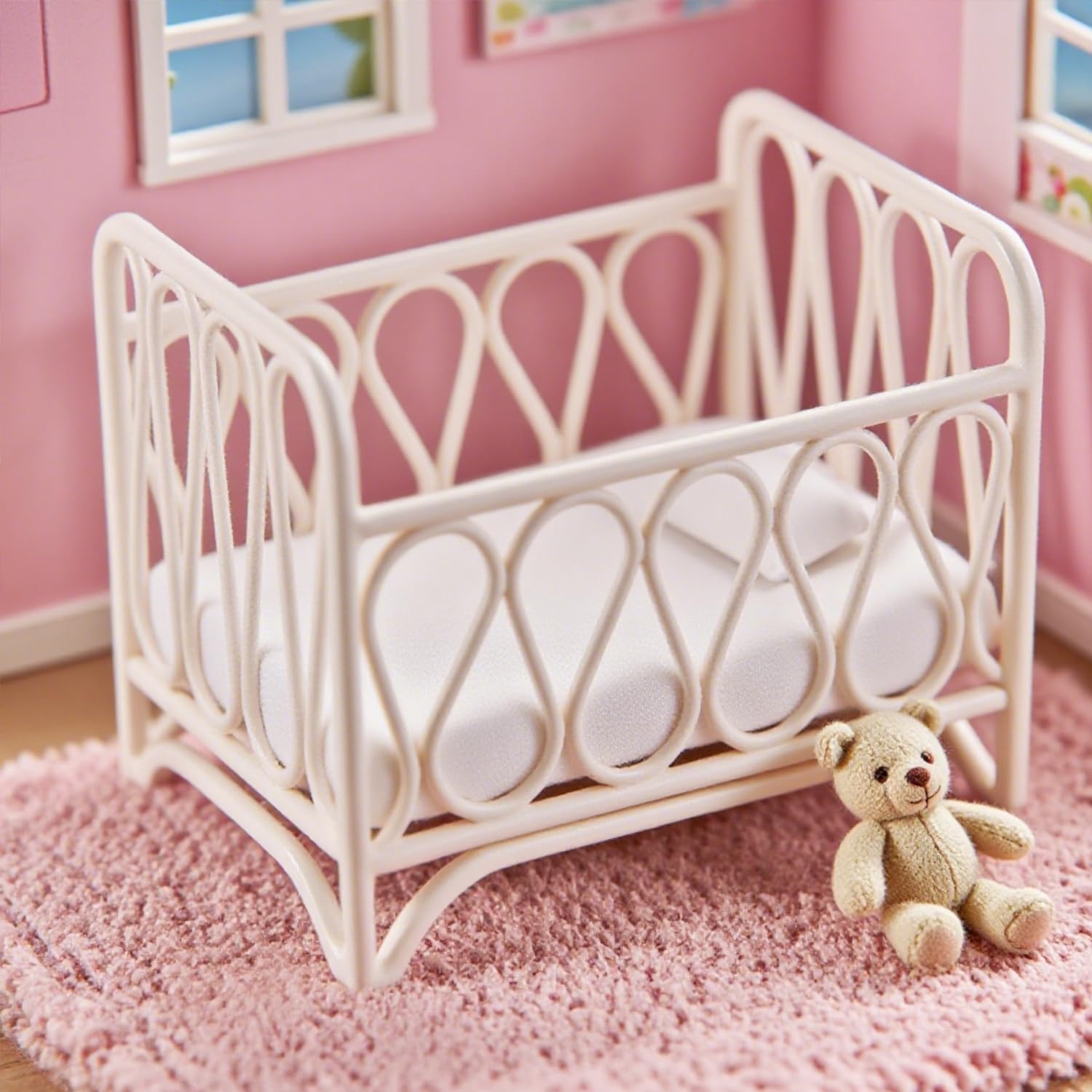Minamzee 1:12 Dollhouse Crib  1 Set Miniature Iron Baby Bed with Bedding  Modern Cradle Model Mini Doll Crib Dollhouse Furniture Decorations Accessories
