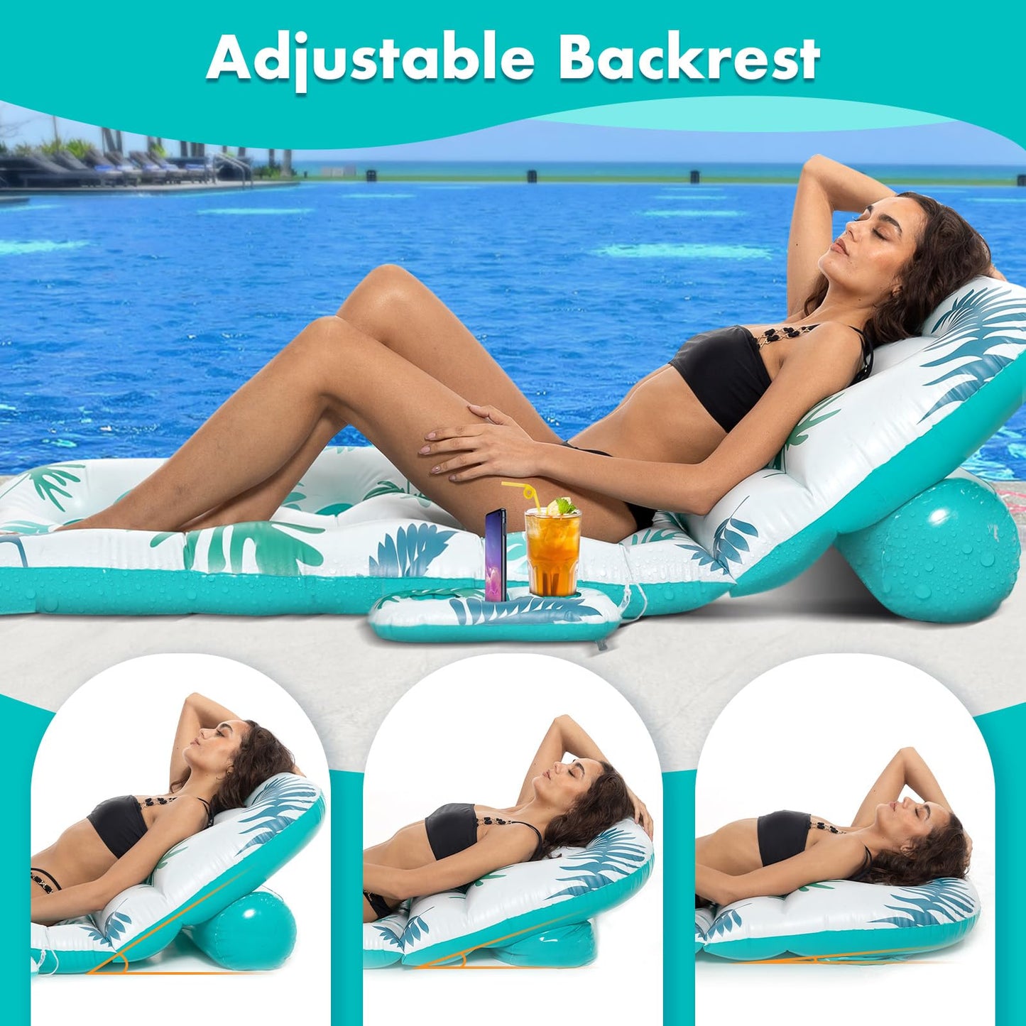 Pool Floats mature-themed Heavy Duty Inflatable Pool Lounger with Adjustable Backrest Cup Holder Floating Pool Tanning Rafts Water Floaty Lounge Lake Beach Party Games