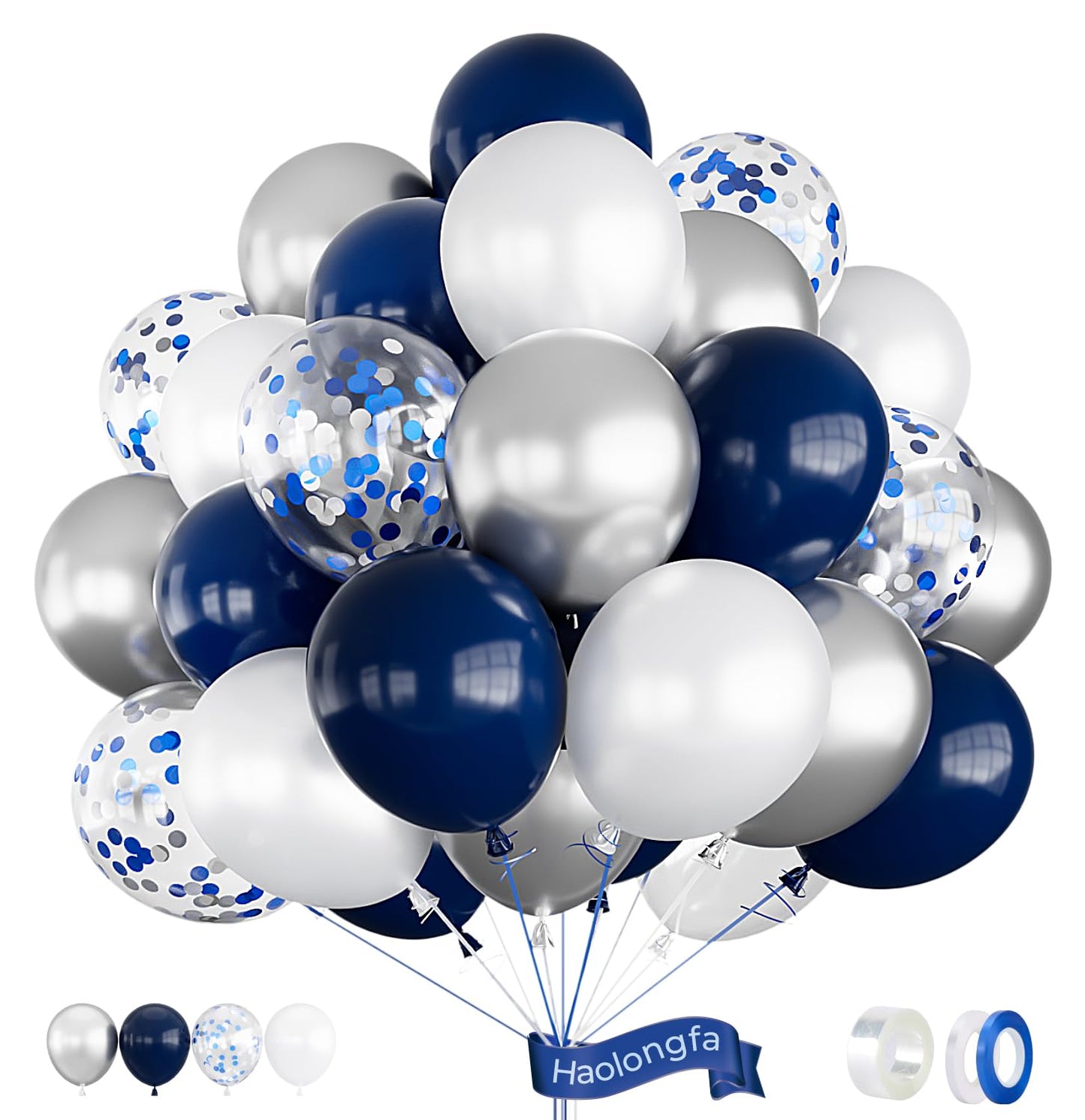 Haolongfa Navy Blue And Silver Balloons,12 Inch 60Pcs Navy Blue Balloons With Silver Confetti Balloons,Pearl White Latex Balloon