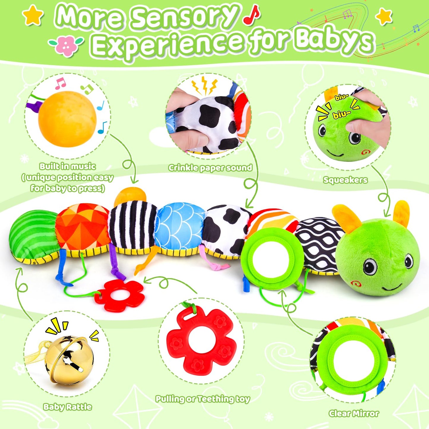 Vpkefla Infant Baby Toys 0 To 12 Months, Stuffed Animal Tummy Time Toys Sensory Toys With Crinkle, Rattles, Textures And Mirror