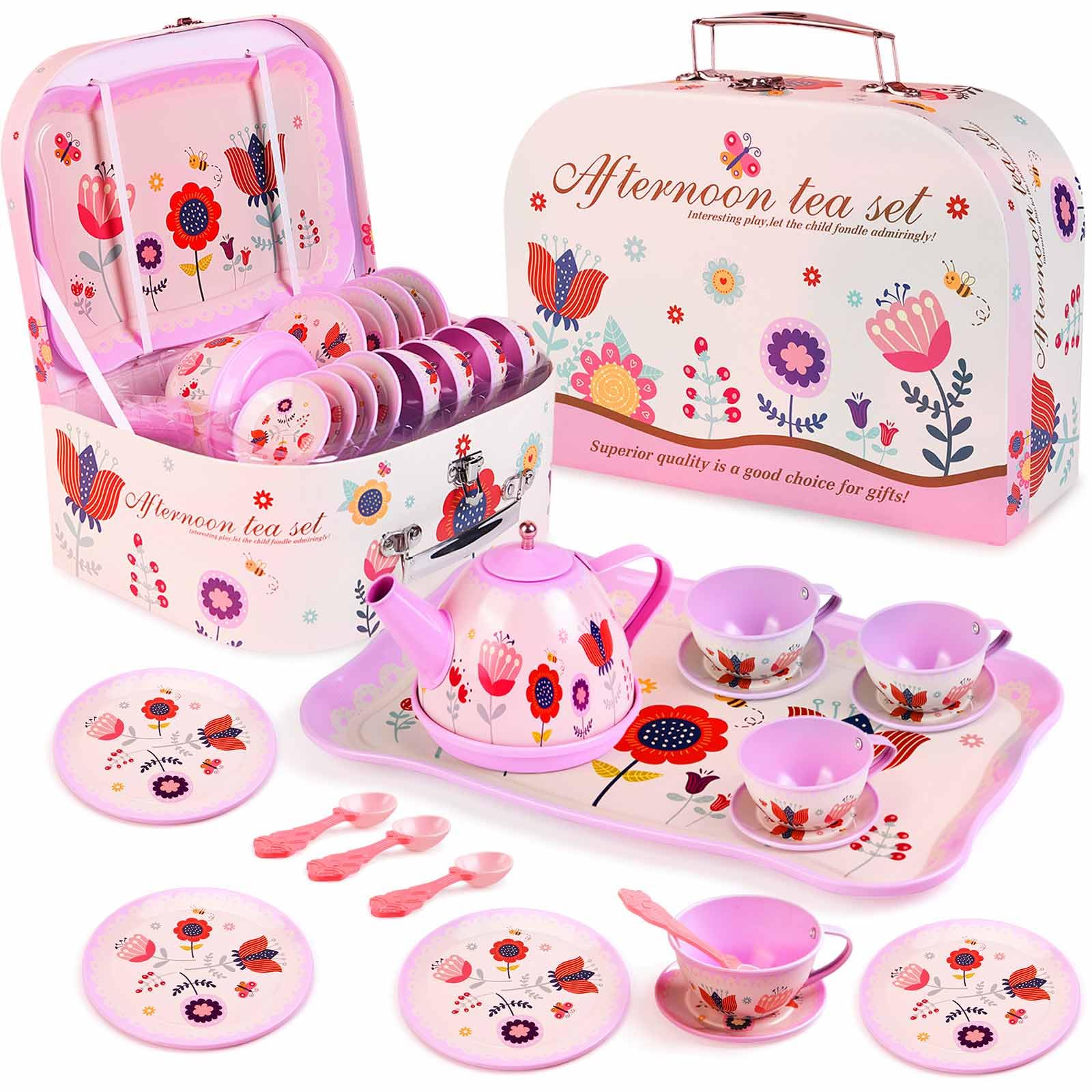 Pretend Play Tea Set for Little Girls, Gift for Age 3 4 5 6 Year Old, Toddler Toys Tea Party Set for Girls, Lajeje 19 PCS Tea Pa