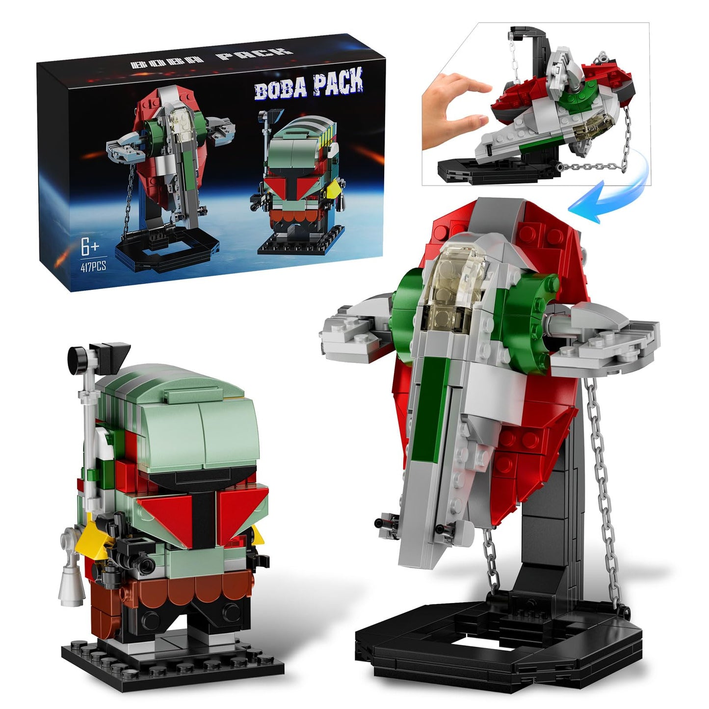 Boba Fett Starship Microfighter Tensegrity Building Set, Boba Fett Brick Figure Headz And Slave 1 Tensegrity Model Compatible Wi